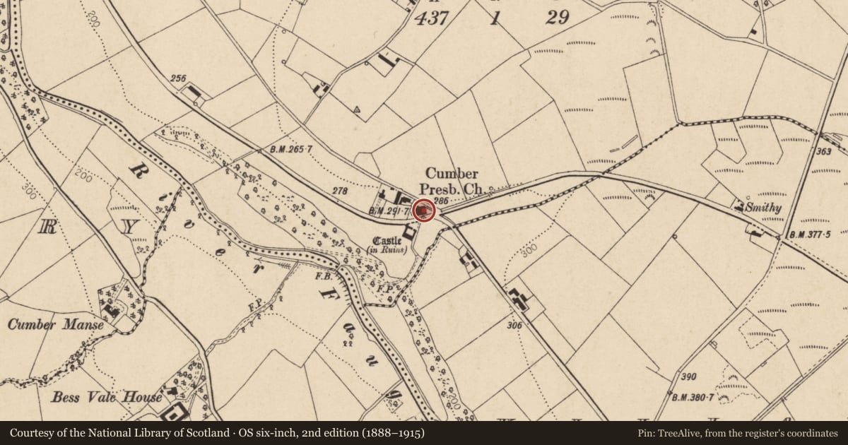 Ordnance Survey six-inch map, 2nd edition (1888–1915) covering the location of Lower Cumber Presbyterian Church, Brackfield, Derry City and Strabane, with a pin at the register's coordinates