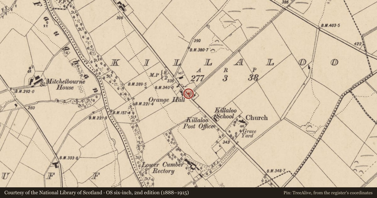 Ordnance Survey six-inch map, 2nd edition (1888–1915) covering the location of Orange Hall, Derry City and Strabane, with a pin at the register's coordinates