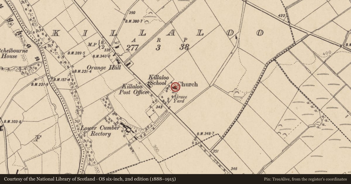 Ordnance Survey six-inch map, 2nd edition (1888–1915) covering the location of Holy Trinity Church, Killaloo, Derry City and Strabane, with a pin at the register's coordinates