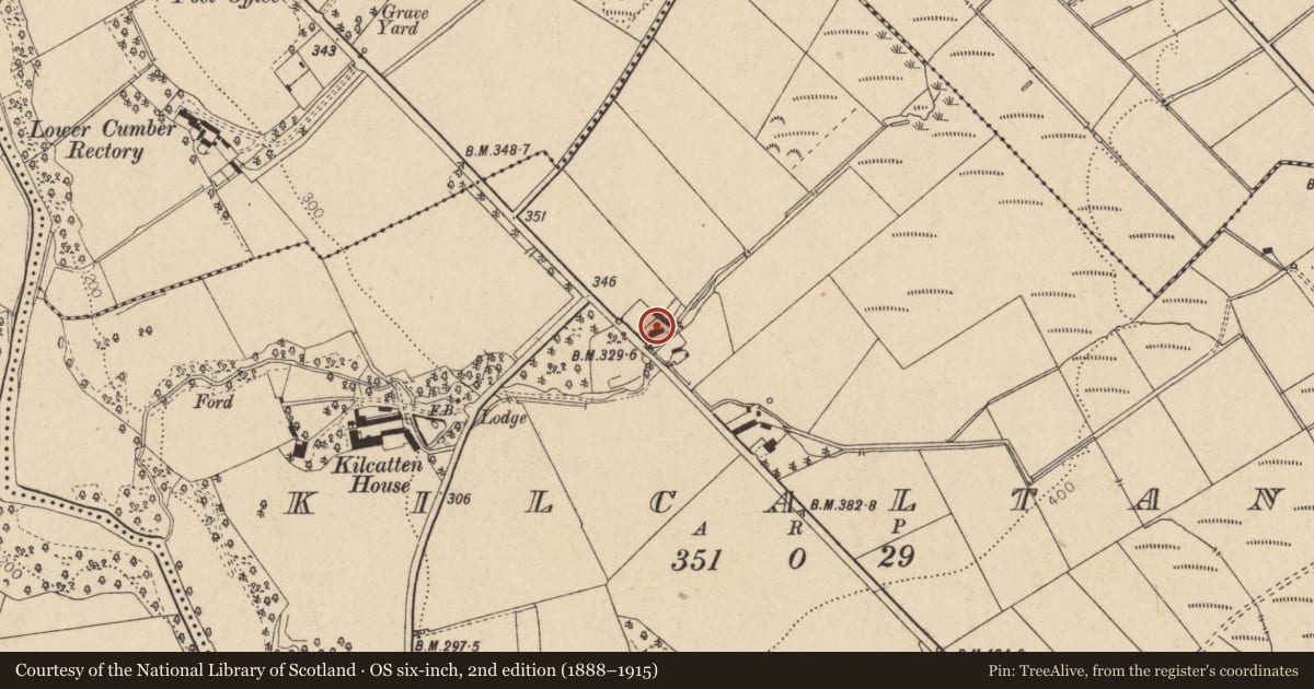 Ordnance Survey six-inch map, 2nd edition (1888–1915) covering the location of Pair of Houses at Kilcattan Bridge, Derry City and Strabane, with a pin at the register's coordinates