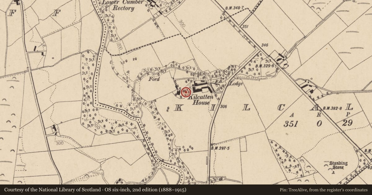 Ordnance Survey six-inch map, 2nd edition (1888–1915) covering the location of Kilcatten House, Derry City and Strabane, with a pin at the register's coordinates