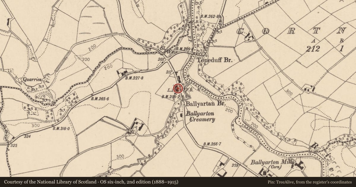 Ordnance Survey six-inch map, 2nd edition (1888–1915) covering the location of 118 Ballyartan Road, Derry City and Strabane, with a pin at the register's coordinates