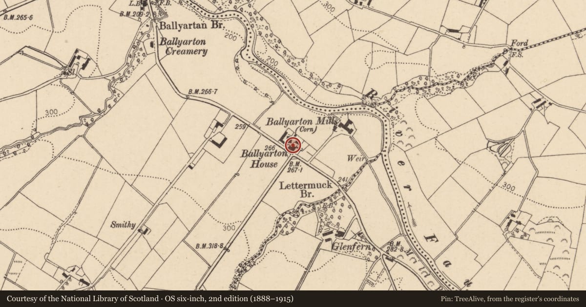 Ordnance Survey six-inch map, 2nd edition (1888–1915) covering the location of Ballyarton House, Derry City and Strabane, with a pin at the register's coordinates