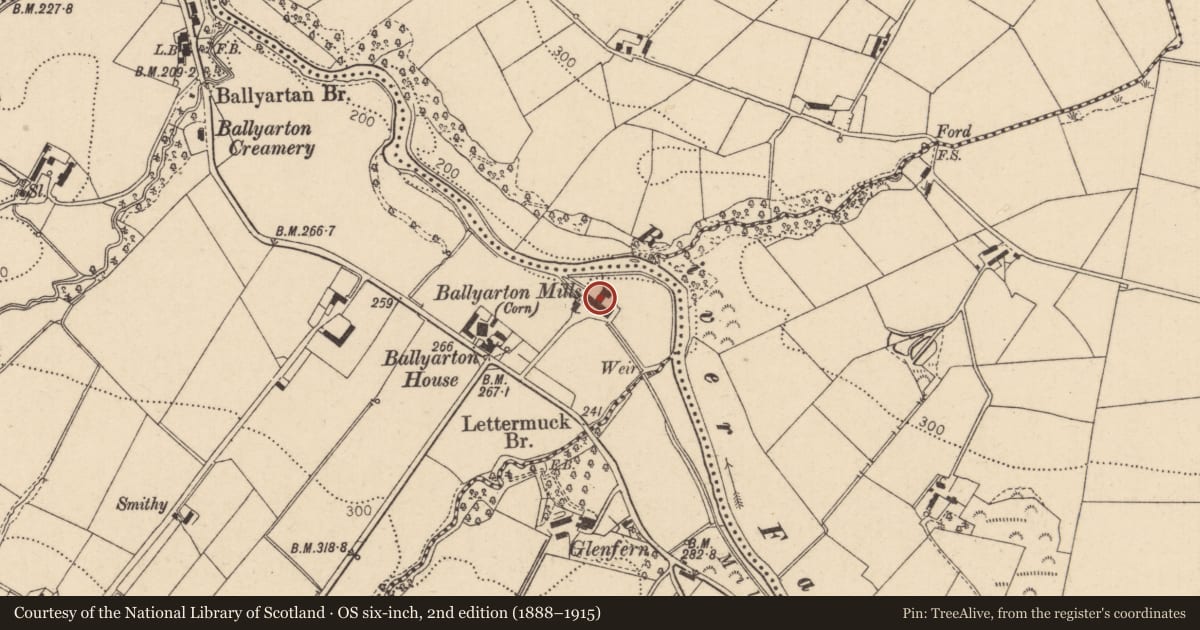 Ordnance Survey six-inch map, 2nd edition (1888–1915) covering the location of Ballyarton Mill, Derry City and Strabane, with a pin at the register's coordinates