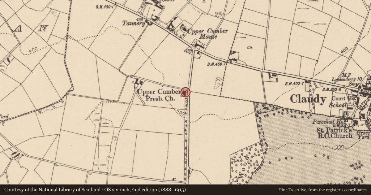 Ordnance Survey six-inch map, 2nd edition (1888–1915) covering the location of Upper Cumber Presbyterian Church, Cregg, Derry City and Strabane, with a pin at the register's coordinates