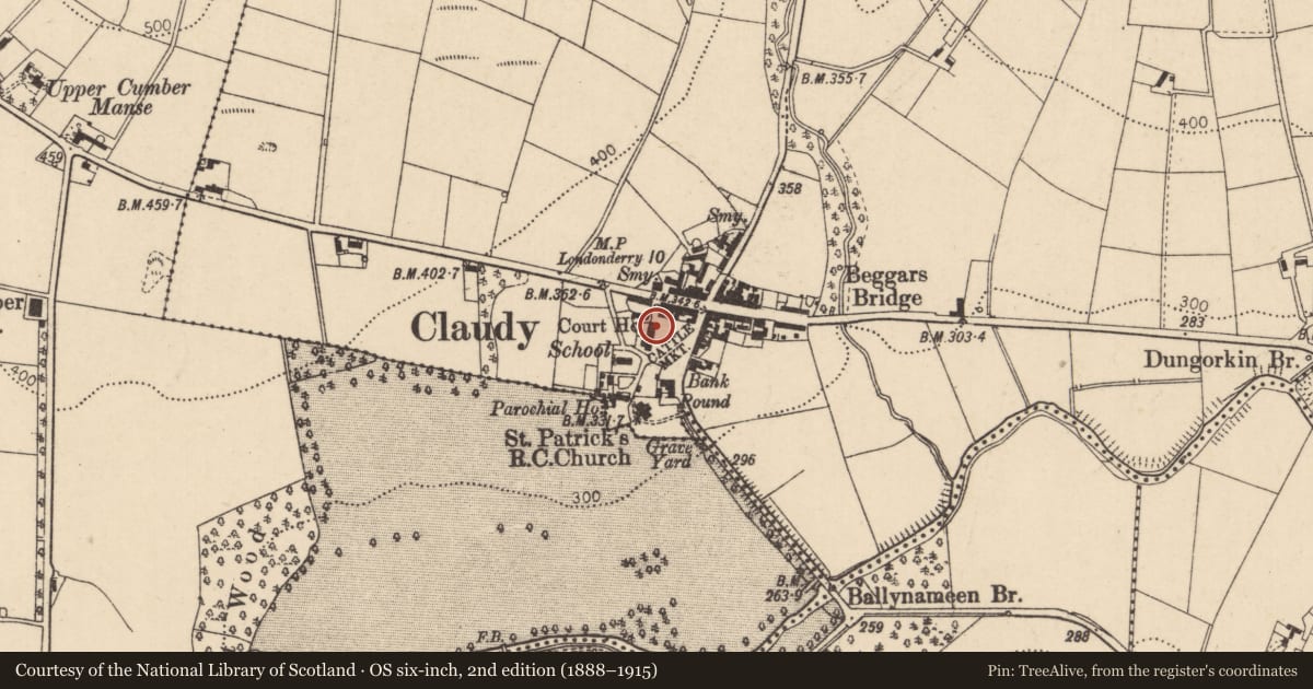 Ordnance Survey six-inch map, 2nd edition (1888–1915) covering the location of Courthouse, Derry City and Strabane, with a pin at the register's coordinates