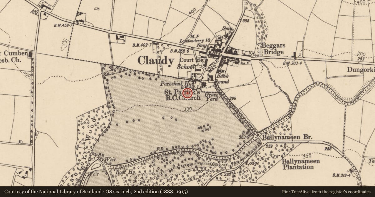Ordnance Survey six-inch map, 2nd edition (1888–1915) covering the location of Parochial House, Derry City and Strabane, with a pin at the register's coordinates