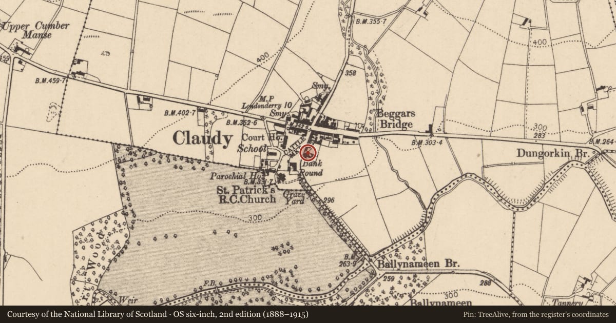 Ordnance Survey six-inch map, 2nd edition (1888–1915) covering the location of Northern Bank, Claudy, Derry City and Strabane, with a pin at the register's coordinates