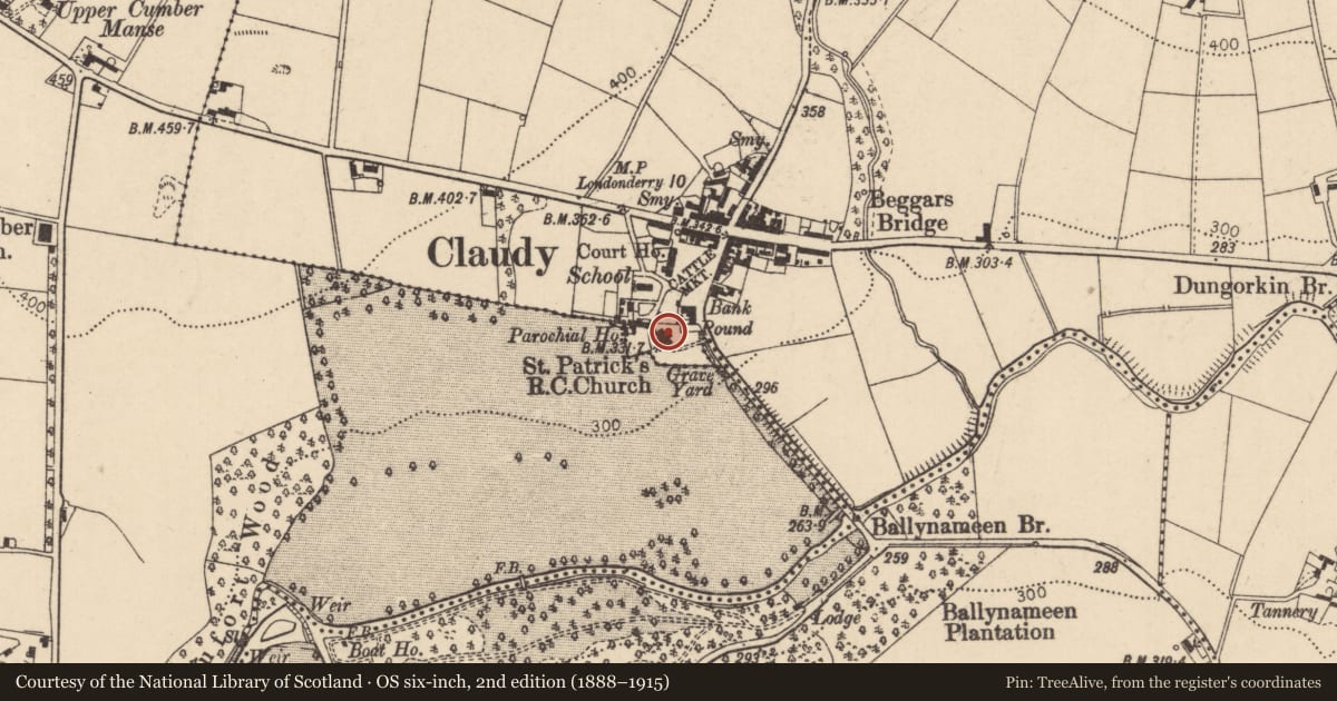Ordnance Survey six-inch map, 2nd edition (1888–1915) covering the location of St Patricks RC Church, Claudy, Derry City and Strabane, with a pin at the register's coordinates
