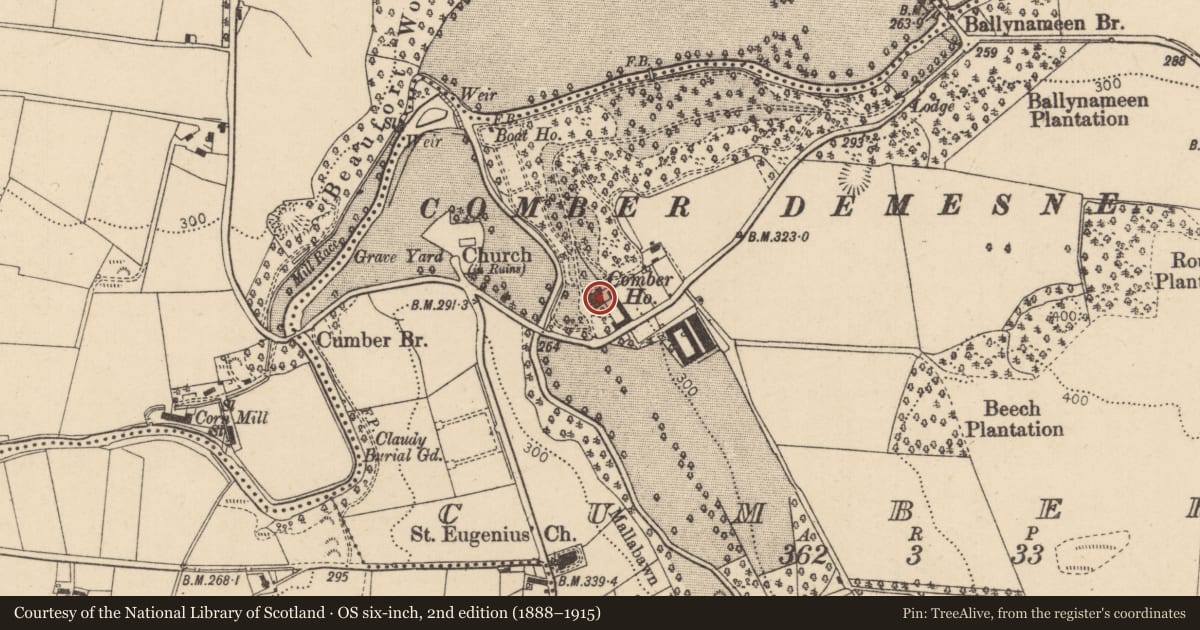Ordnance Survey six-inch map, 2nd edition (1888–1915) covering the location of Comber House, Derry City and Strabane, with a pin at the register's coordinates