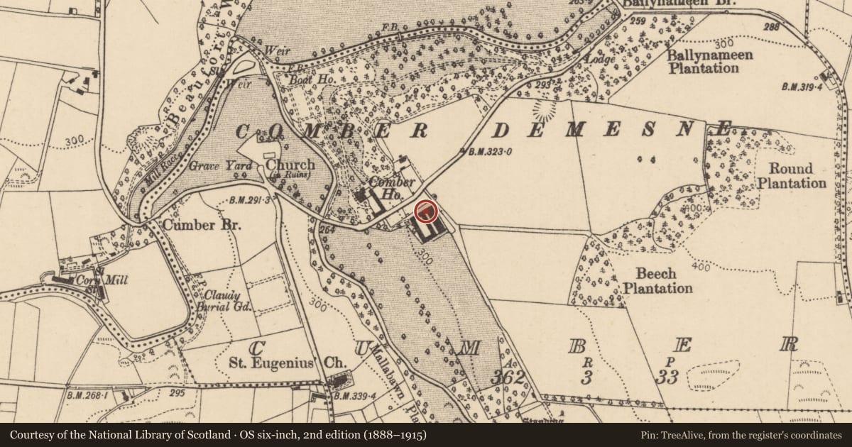 Ordnance Survey six-inch map, 2nd edition (1888–1915) covering the location of Comber House (OUTBUILDINGS), Derry City and Strabane, with a pin at the register's coordinates