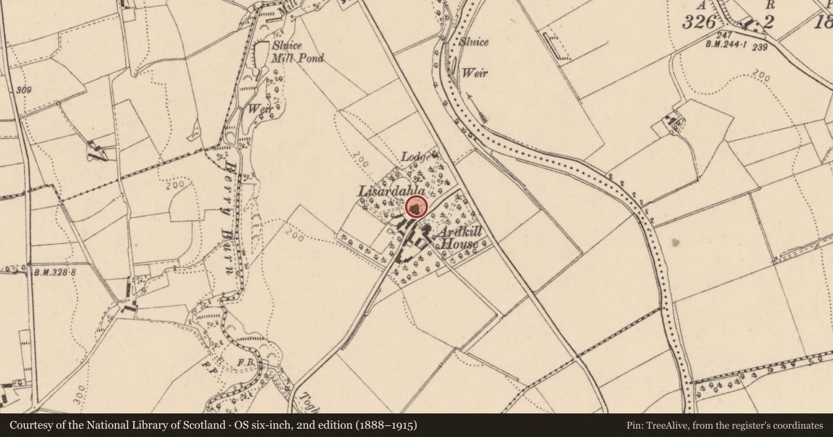 Ordnance Survey six-inch map, 2nd edition (1888–1915) covering the location of Lisardahla, Derry City and Strabane, with a pin at the register's coordinates