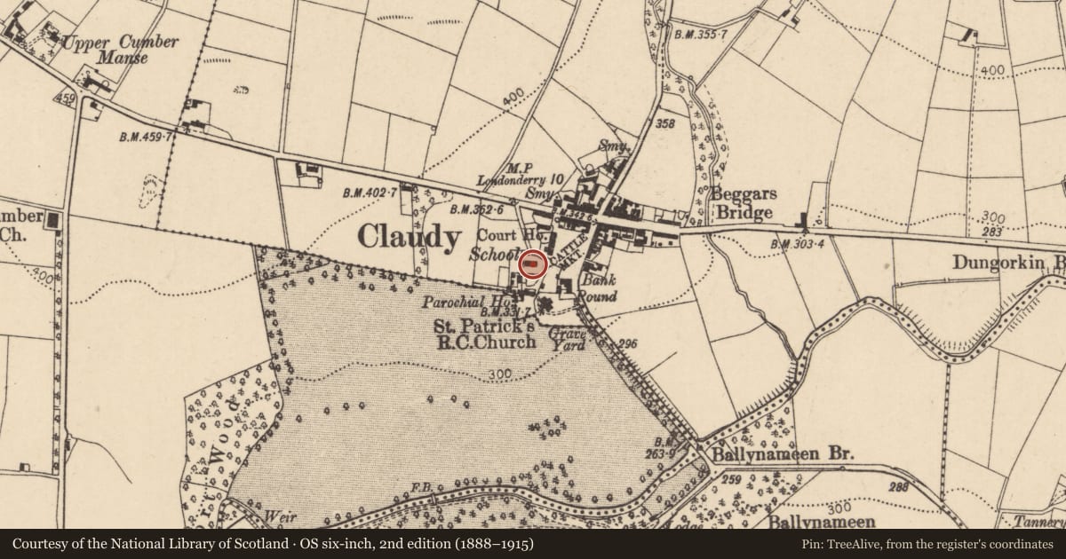 Ordnance Survey six-inch map, 2nd edition (1888–1915) covering the location of Cumber Upper School, Derry City and Strabane, with a pin at the register's coordinates