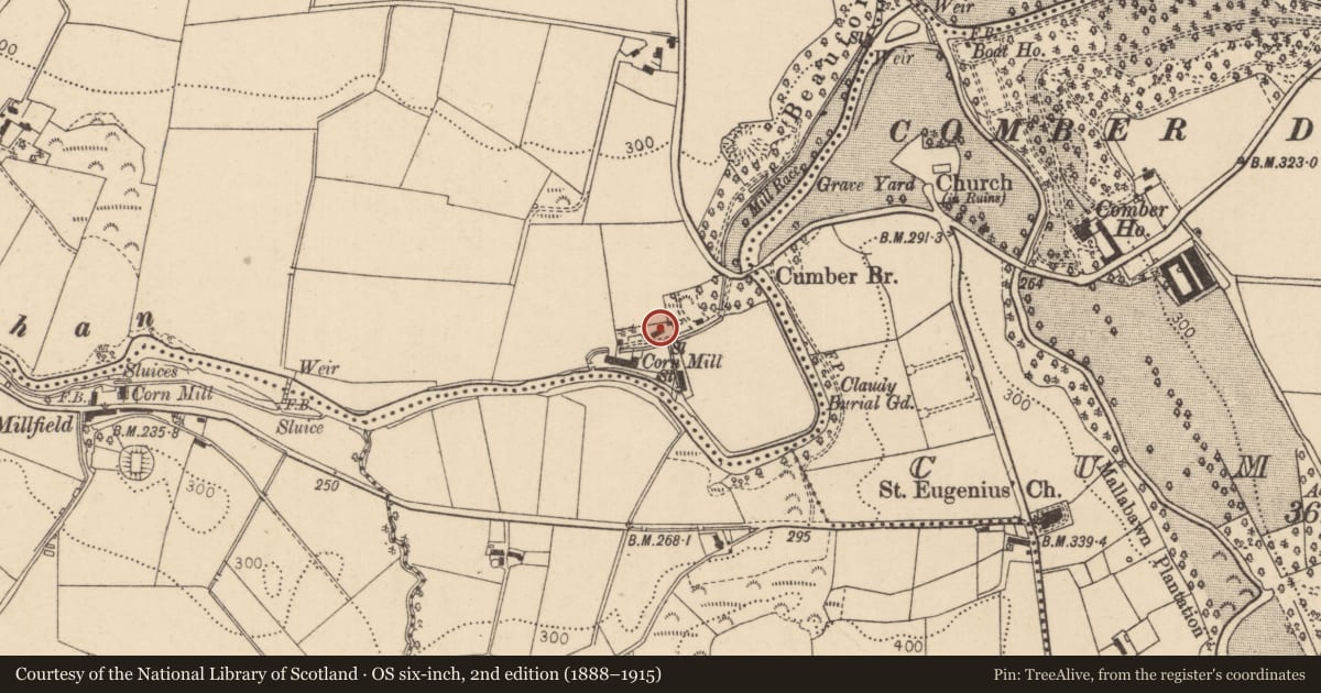 Ordnance Survey six-inch map, 2nd edition (1888–1915) covering the location of Dwelling House 1, Derry City and Strabane, with a pin at the register's coordinates