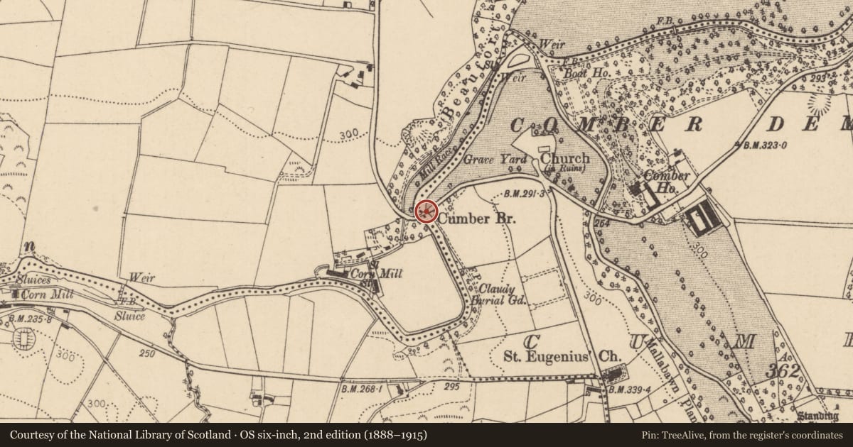 Ordnance Survey six-inch map, 2nd edition (1888–1915) covering the location of Cumber Bridge, Cregg/Cumber, Derry City and Strabane, with a pin at the register's coordinates