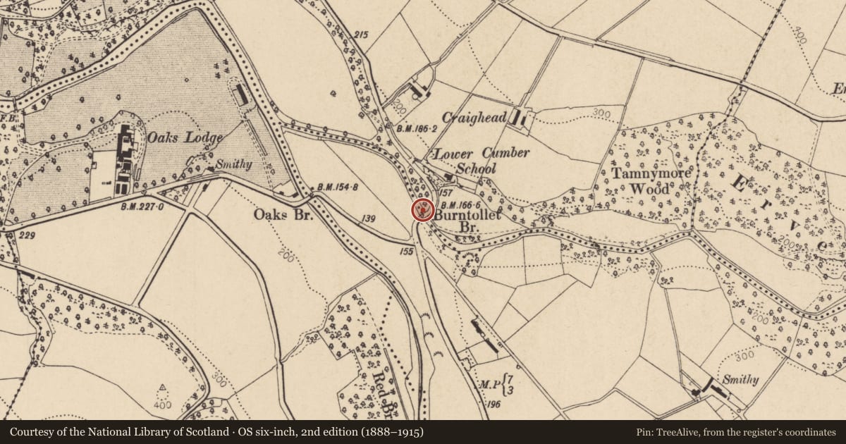 Ordnance Survey six-inch map, 2nd edition (1888–1915) covering the location of Burntollet Bridge, Brackfield, with a pin at the register's coordinates