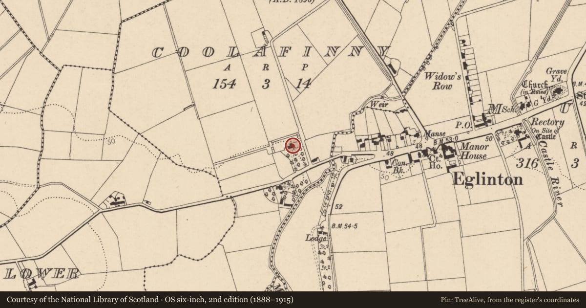 Ordnance Survey six-inch map, 2nd edition (1888–1915) covering the location of 50 Carmoney Road, Derry City and Strabane, with a pin at the register's coordinates