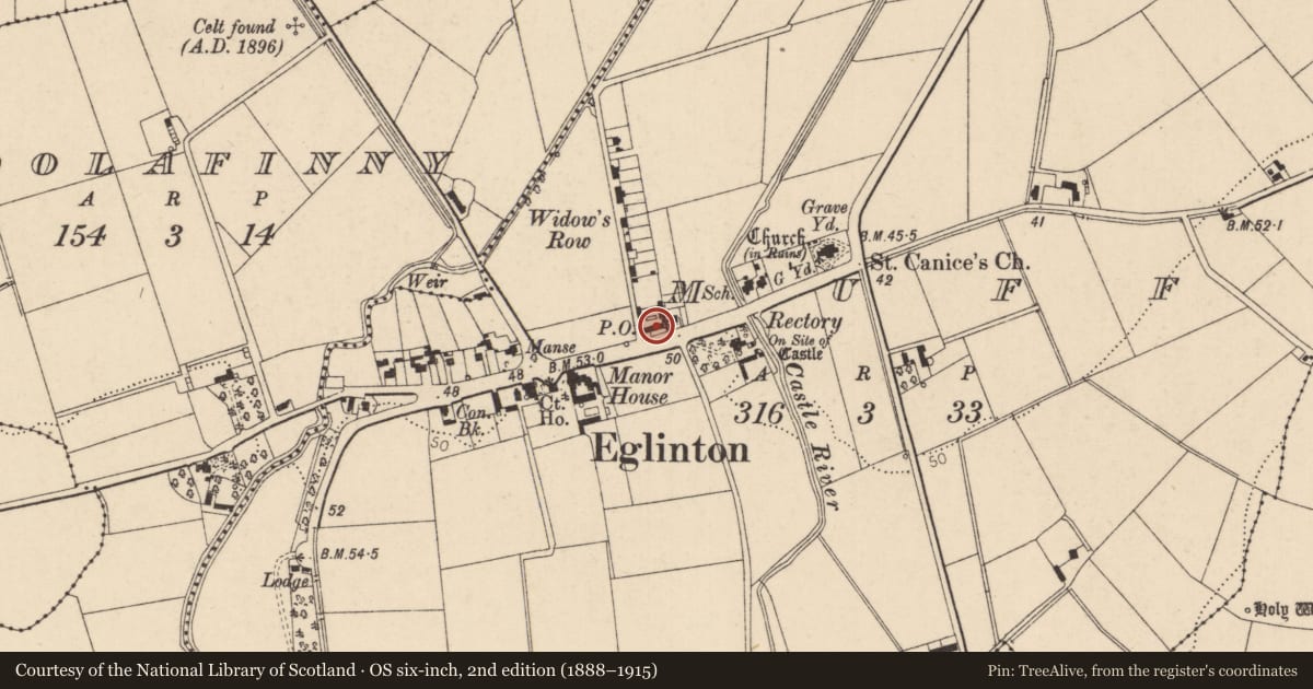 Ordnance Survey six-inch map, 2nd edition (1888–1915) covering the location of Eglinton Post Office, Muff, Derry City and Strabane, with a pin at the register's coordinates
