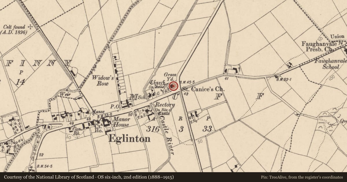 Ordnance Survey six-inch map, 2nd edition (1888–1915) covering the location of St. Canice'S Church, Derry City and Strabane, with a pin at the register's coordinates