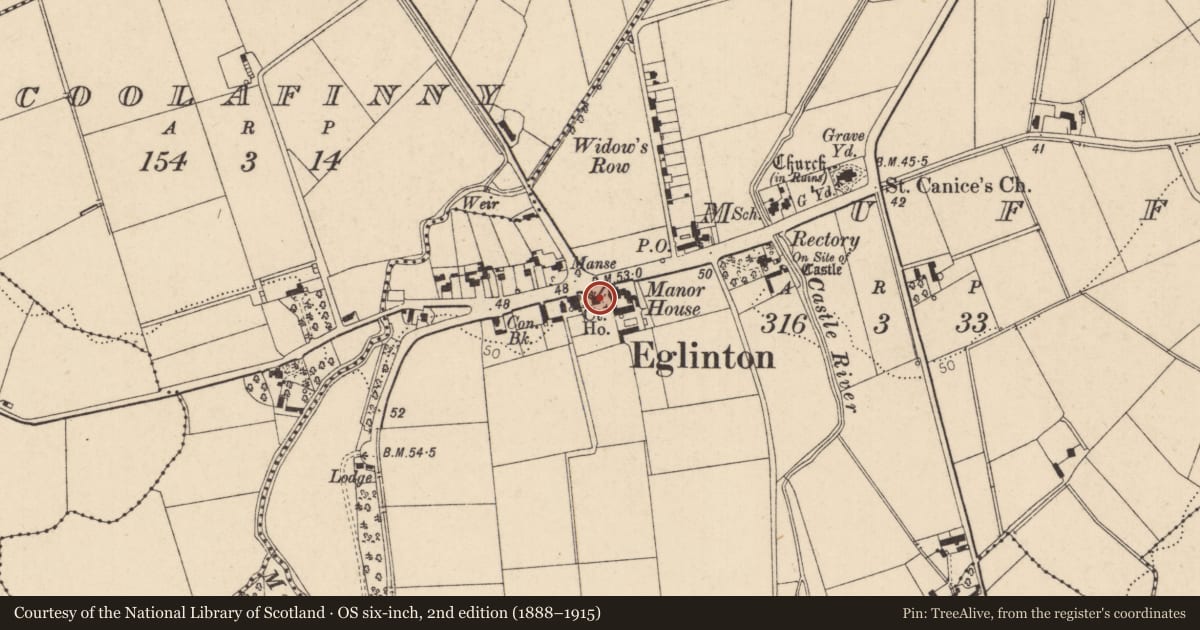 Ordnance Survey six-inch map, 2nd edition (1888–1915) covering the location of Northern Bank, Muff, Derry City and Strabane, with a pin at the register's coordinates
