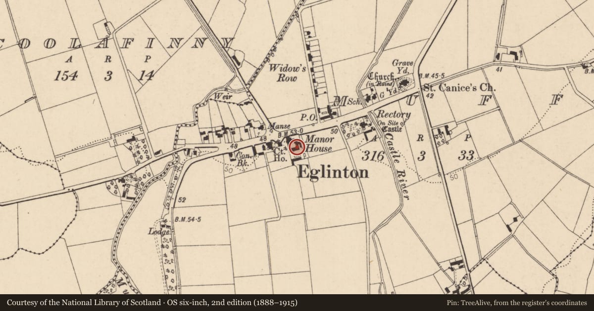 Ordnance Survey six-inch map, 2nd edition (1888–1915) covering the location of The Manor House, Muff, Derry City and Strabane, with a pin at the register's coordinates