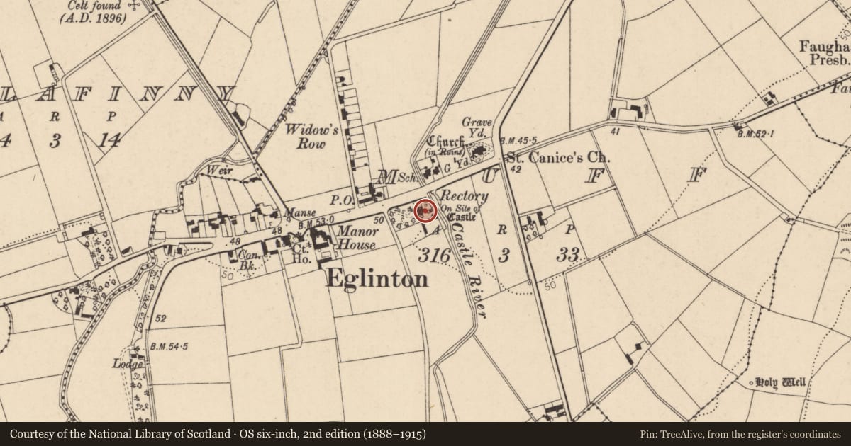 Ordnance Survey six-inch map, 2nd edition (1888–1915) covering the location of RECTORY, Muff, Derry City and Strabane, with a pin at the register's coordinates