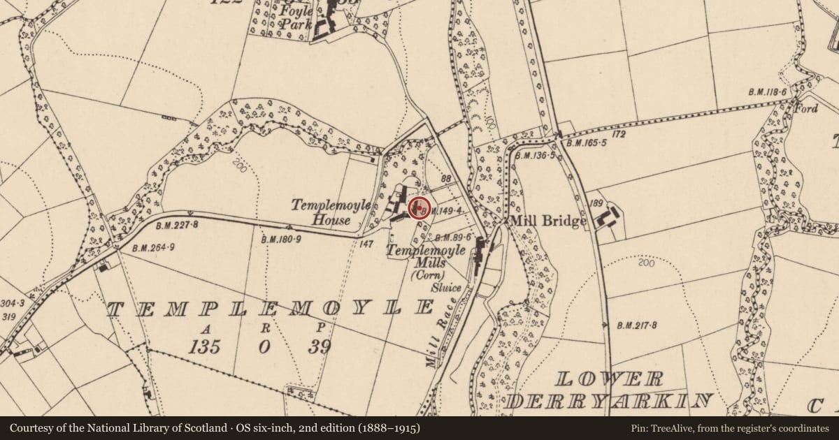 Ordnance Survey six-inch map, 2nd edition (1888–1915) covering the location of Templemoyle House Templemoyle Eglinton Co.londonderry, Derry City and Strabane, with a pin at the register's coordinates