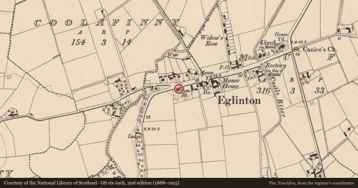 Ordnance Survey six-inch map, 2nd edition (1888–1915) covering the location of 1 Main St., Muff, Derry City and Strabane, with a pin at the register's coordinates