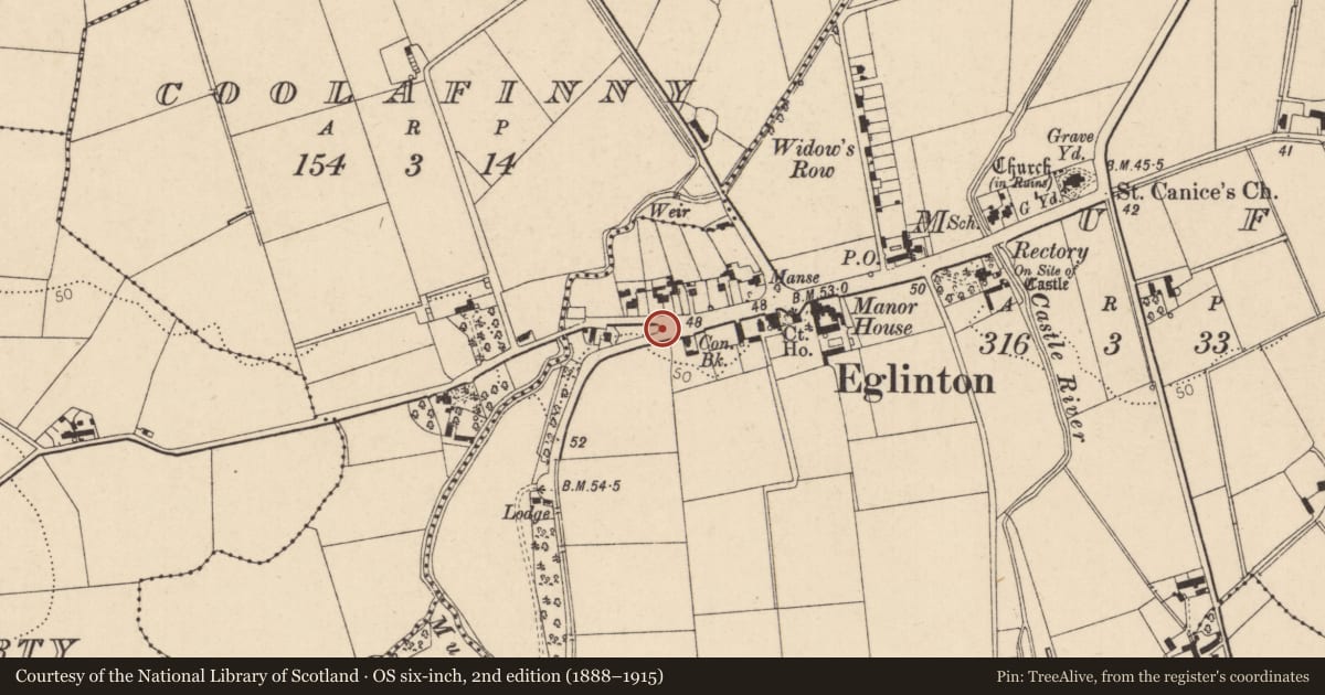 Ordnance Survey six-inch map, 2nd edition (1888–1915) covering the location of Boundary wall at junction of Carmoney Rd/Woodvale Rd Eglinton, Derry City and Strabane, with a pin at the register's coordinates