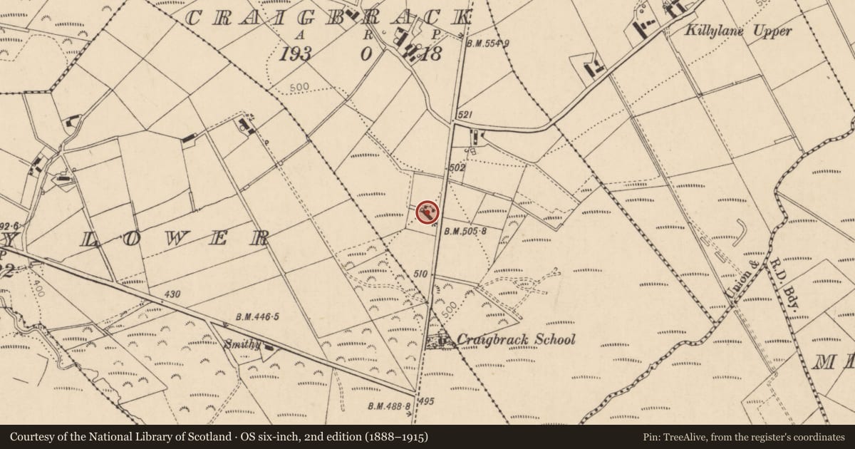 Ordnance Survey six-inch map, 2nd edition (1888–1915) covering the location of 71 Craigbrack Road, Derry City and Strabane, with a pin at the register's coordinates