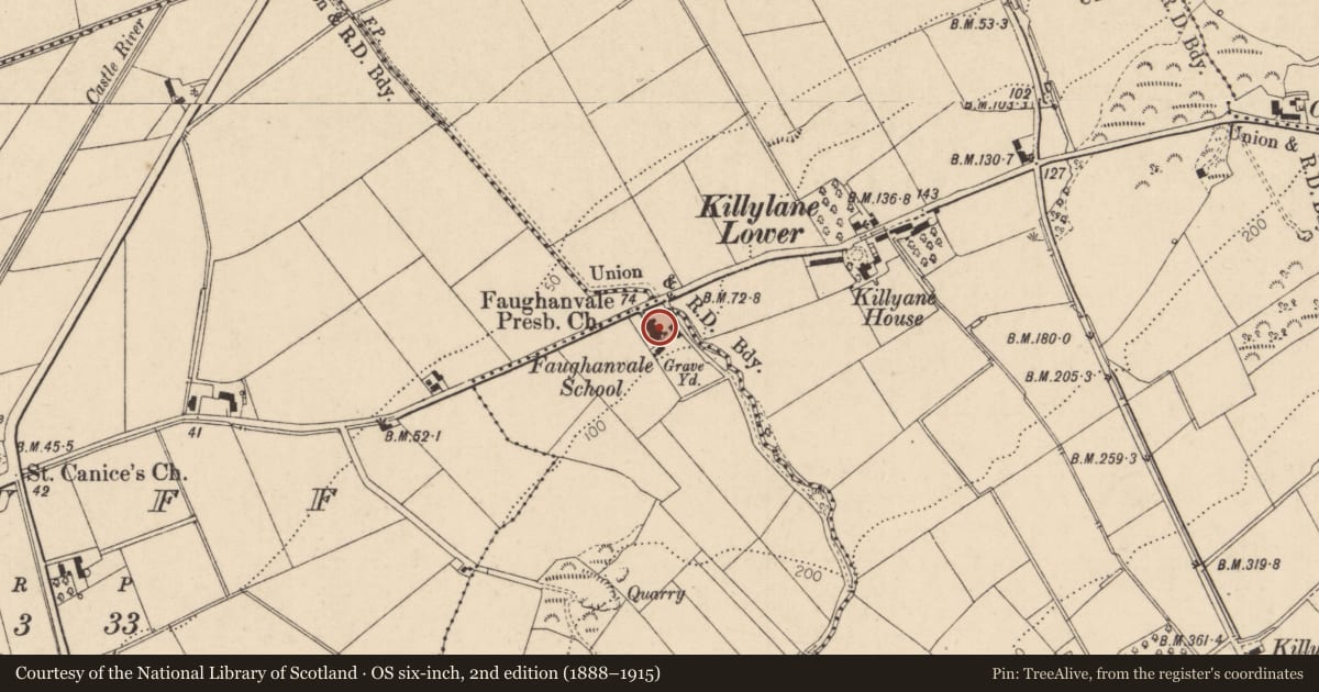 Ordnance Survey six-inch map, 2nd edition (1888–1915) covering the location of Faughanvale Presbyterian Church Killylane Road, Tullanee, Derry City and Strabane, with a pin at the register's coordinates