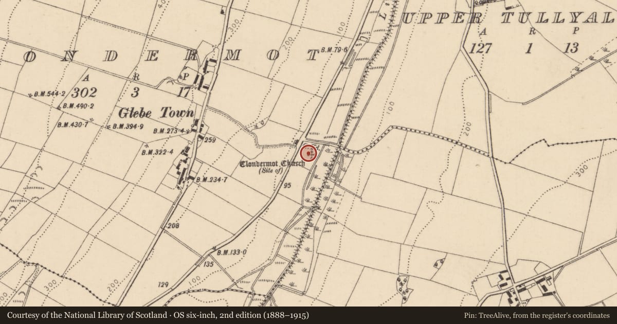 Ordnance Survey six-inch map, 2nd edition (1888–1915) covering the location of GRAVEYARD, Clondermott, Derry City and Strabane, with a pin at the register's coordinates
