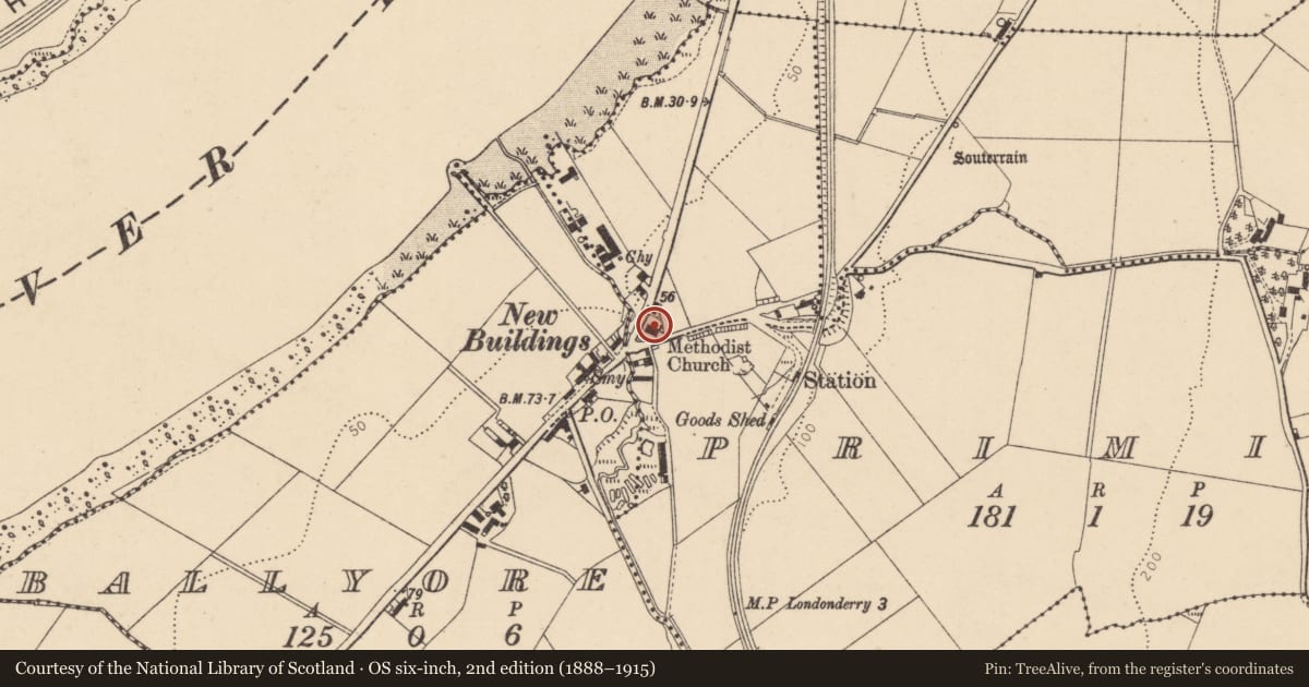 Ordnance Survey six-inch map, 2nd edition (1888–1915) covering the location of Methodist Church, Derry City and Strabane, with a pin at the register's coordinates