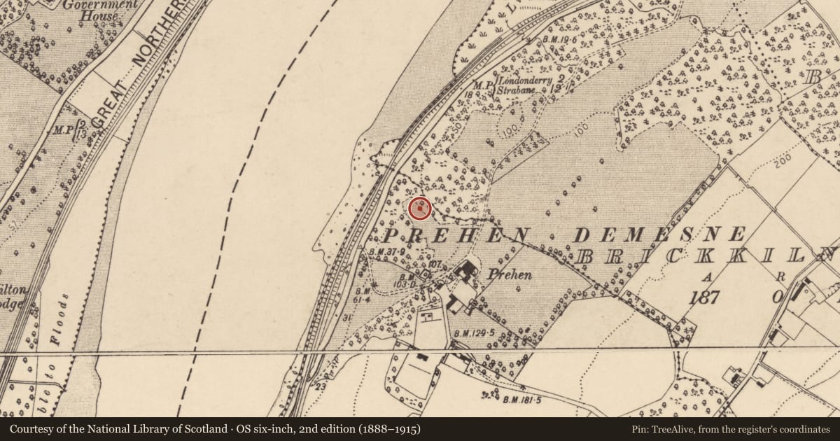 Ordnance Survey six-inch map, 2nd edition (1888–1915) covering the location of 33 Victoria Road, Prehen, Derry City and Strabane, with a pin at the register's coordinates