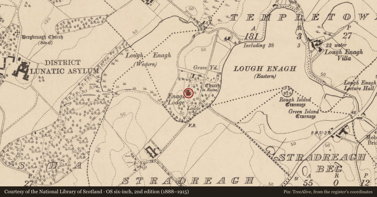 Ordnance Survey six-inch map, 2nd edition (1888–1915) covering the location of Enagh House, Templetown, Derry City and Strabane, with a pin at the register's coordinates