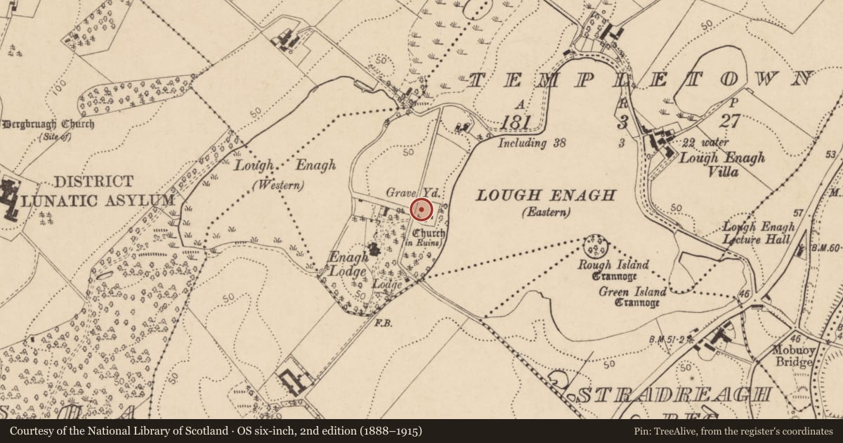 Ordnance Survey six-inch map, 2nd edition (1888–1915) covering the location of Graveyard, Derry City and Strabane, with a pin at the register's coordinates