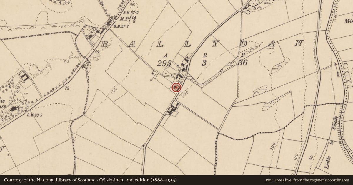 Ordnance Survey six-inch map, 2nd edition (1888–1915) covering the location of Ballyoan House, Derry City and Strabane, with a pin at the register's coordinates