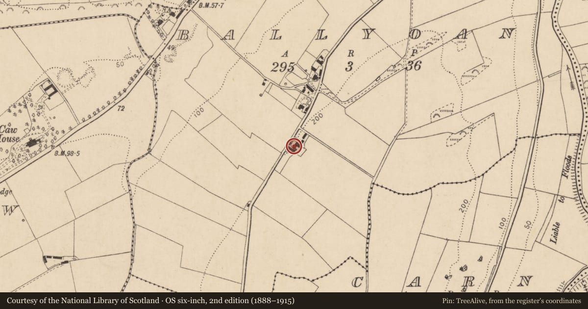 Ordnance Survey six-inch map, 2nd edition (1888–1915) covering the location of 105 Rossdowney Road, Ballyoan, Derry City and Strabane, with a pin at the register's coordinates