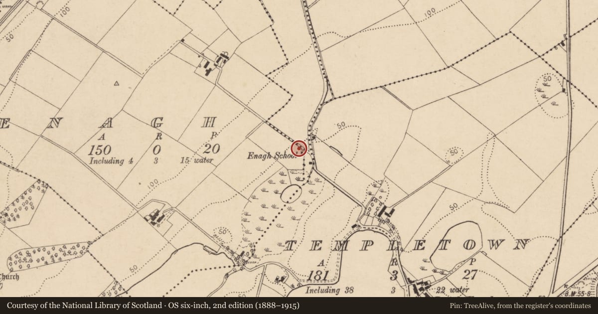 Ordnance Survey six-inch map, 2nd edition (1888–1915) covering the location of The Auld School Centre, Enagh, Derry City and Strabane, with a pin at the register's coordinates