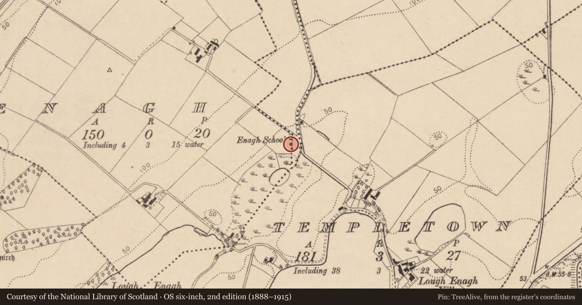 Ordnance Survey six-inch map, 2nd edition (1888–1915) covering the location of St Canice's RC Church, Enagh, Derry City and Strabane, with a pin at the register's coordinates