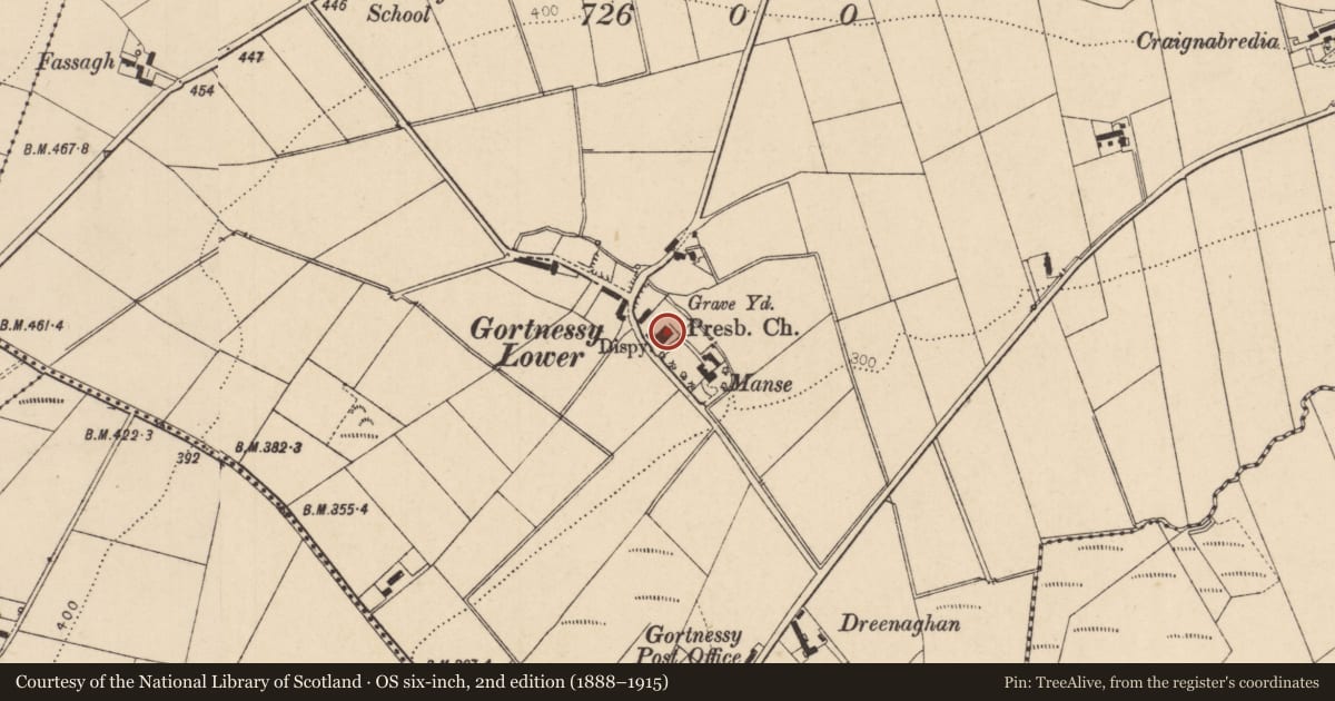 Ordnance Survey six-inch map, 2nd edition (1888–1915) covering the location of Gortnessy Presbyterian Church, Derry City and Strabane, with a pin at the register's coordinates