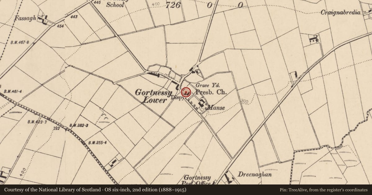 Ordnance Survey six-inch map, 2nd edition (1888–1915) covering the location of Presbyterian Church Hall, Derry City and Strabane, with a pin at the register's coordinates