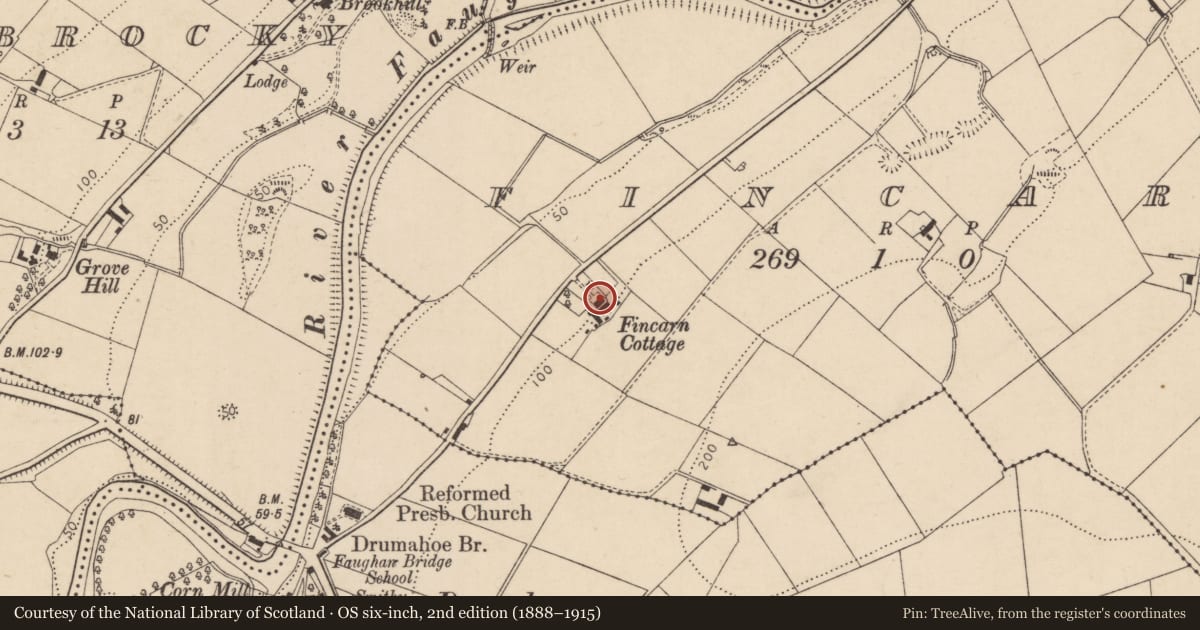 Ordnance Survey six-inch map, 2nd edition (1888–1915) covering the location of Fincarn Cottage, Derry City and Strabane, with a pin at the register's coordinates
