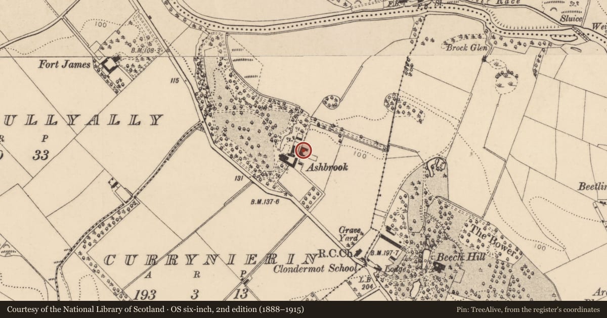 Ordnance Survey six-inch map, 2nd edition (1888–1915) covering the location of Estate Related Structures, Derry City and Strabane, with a pin at the register's coordinates