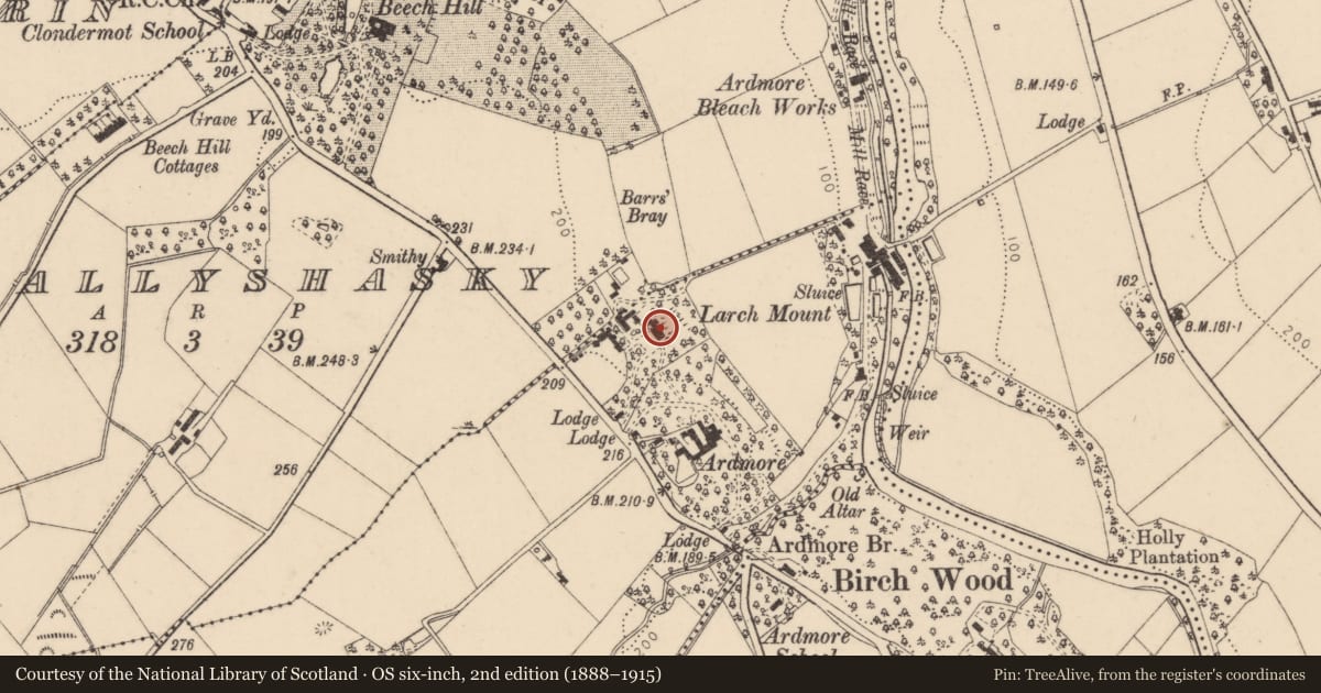 Ordnance Survey six-inch map, 2nd edition (1888–1915) covering the location of Larchmount, Ardmore, Derry City and Strabane, with a pin at the register's coordinates