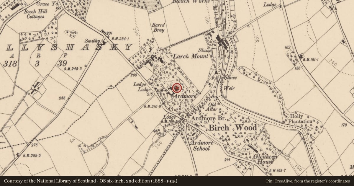 Ordnance Survey six-inch map, 2nd edition (1888–1915) covering the location of Ardmore House, Derry City and Strabane, with a pin at the register's coordinates