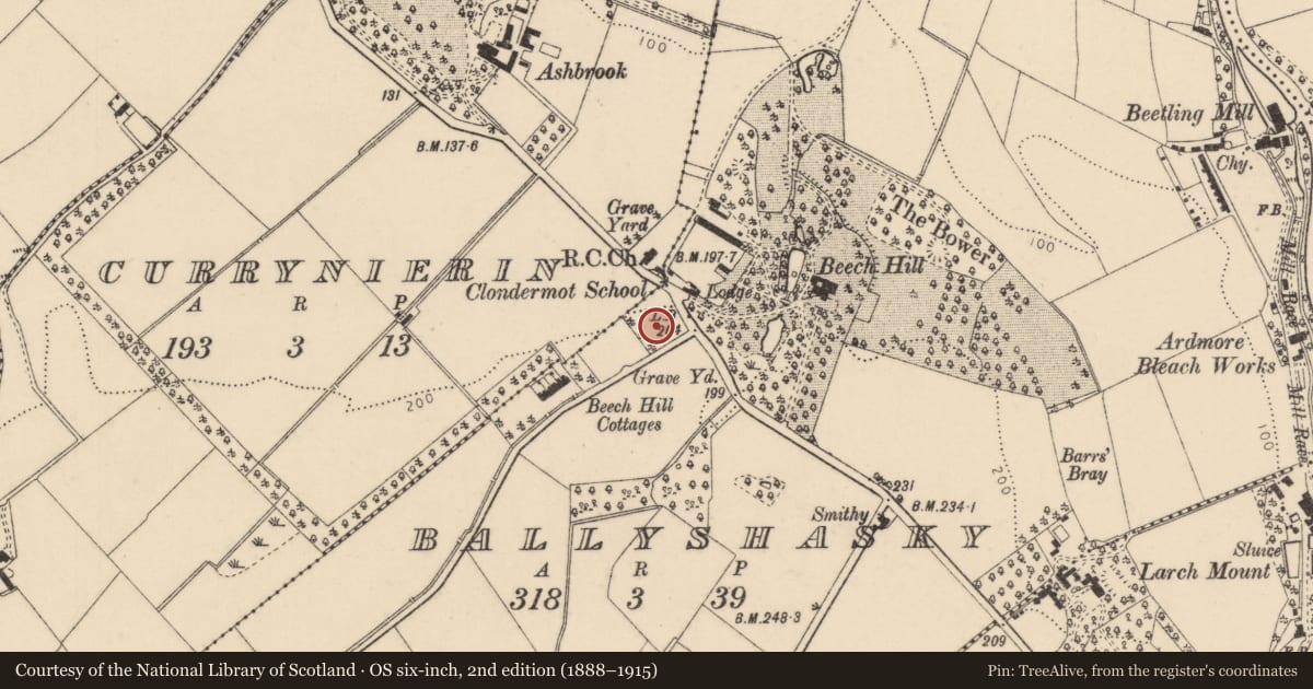 Ordnance Survey six-inch map, 2nd edition (1888–1915) covering the location of St Mary's RC Church, Ballyshasky, Derry City and Strabane, with a pin at the register's coordinates