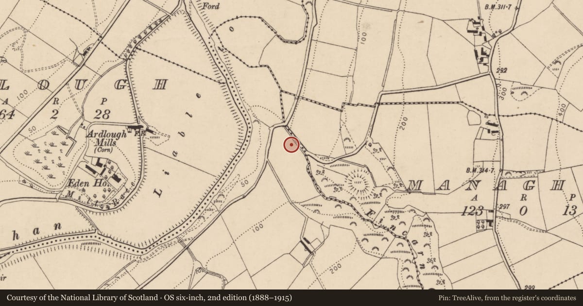 Ordnance Survey six-inch map, 2nd edition (1888–1915) covering the location of Ammunition bunker, Fincarn, Derry City and Strabane, with a pin at the register's coordinates