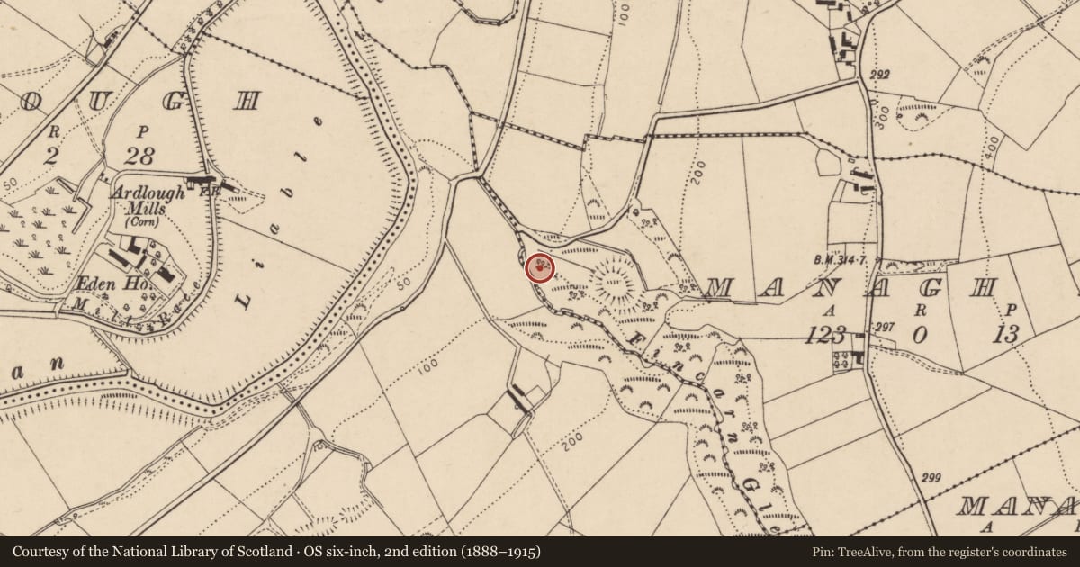 Ordnance Survey six-inch map, 2nd edition (1888–1915) covering the location of Ammunition bunker, Managh Beg, Derry City and Strabane, with a pin at the register's coordinates