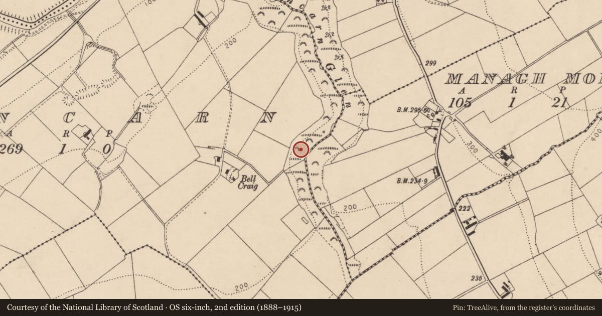 Ordnance Survey six-inch map, 2nd edition (1888–1915) covering the location of Ammunition bunker, Fincarn, Derry City and Strabane, with a pin at the register's coordinates